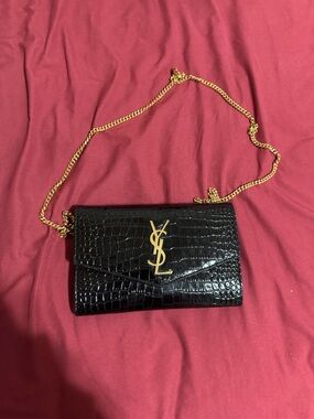 Saint Laurent Black Croc-Embossed Envelope Chain Bag with Gold YSL